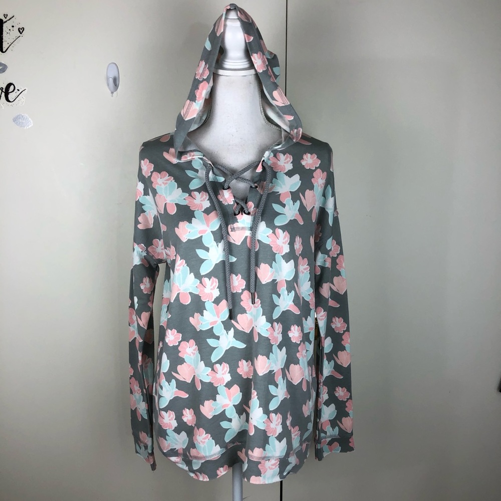 C ACTIVE FLORAL HOODIE SWEATSHIRT TIE FRONT SZ SM